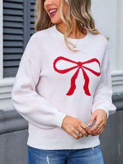 Angel Wings Bow Graphic Round Neck Long Sleeve Sweater in - photo