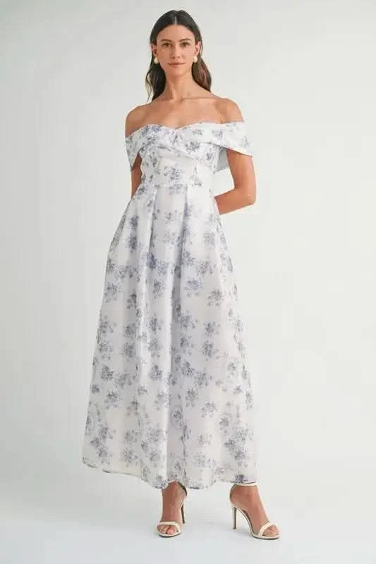 MABLE Floral Printed Off Shoulder Maxi Dress in Blue - photo