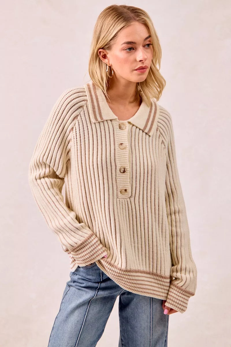 BiBi Half Button Ribbed Two Tone Sweater - SwagglyLife Home & Fashion