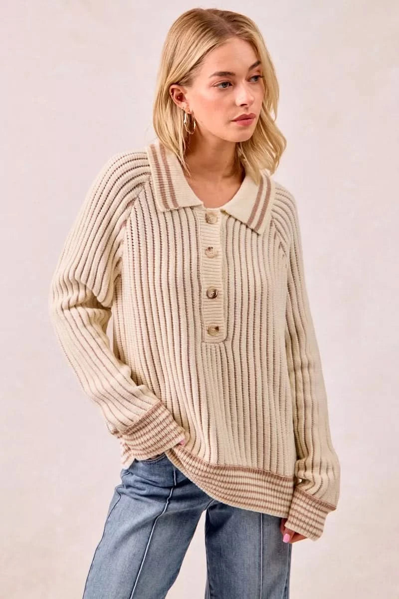 BiBi Half Button Ribbed Two Tone Sweater in - photo