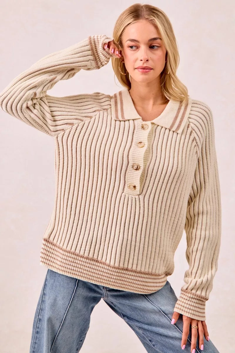 BiBi Half Button Ribbed Two Tone Sweater - SwagglyLife Home & Fashion