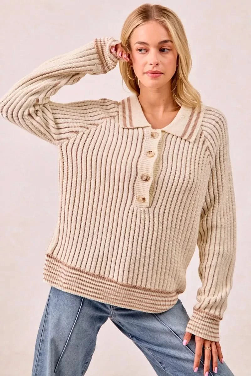 BiBi Half Button Ribbed Two Tone Sweater in - photo