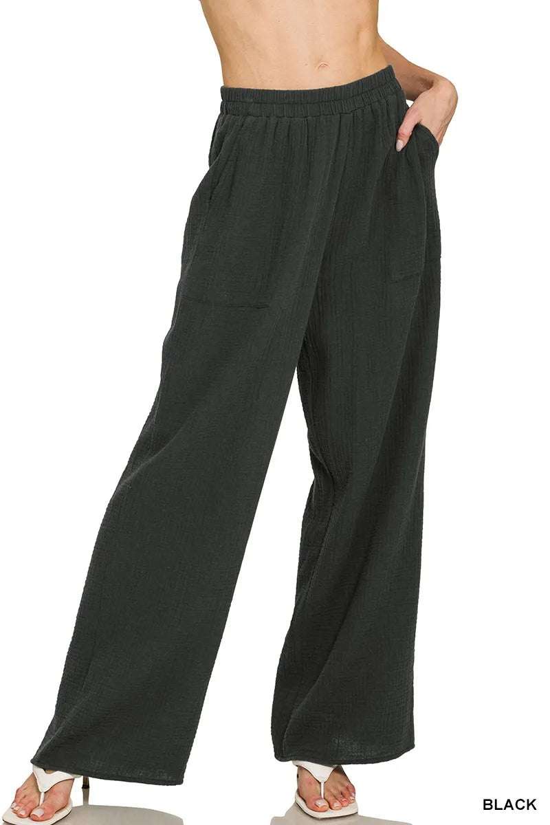 Zenana Double Gauze Elastic Band Pants in BLACK - photo