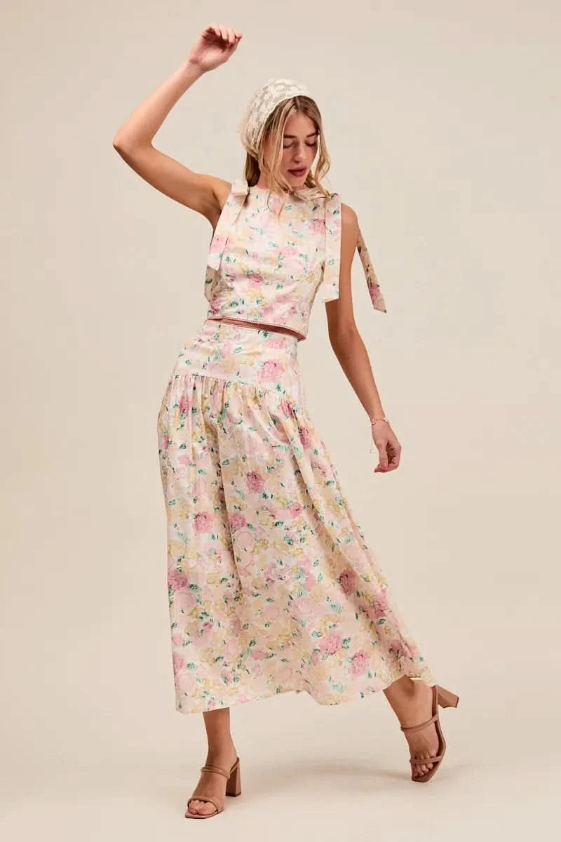 SO ME Floral Printed Woven Shoulder Bow Tie Top and Skirt Set in - photo