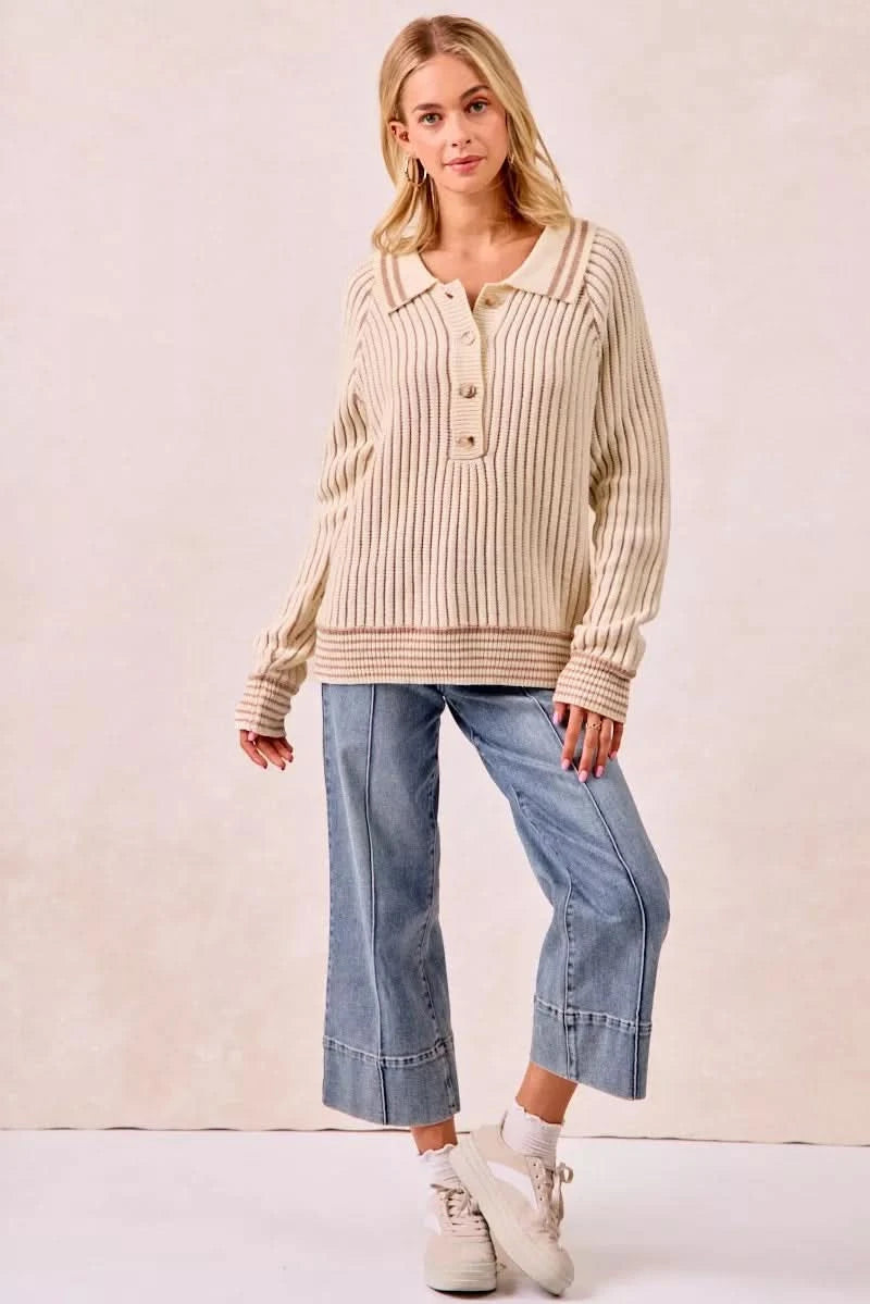 BiBi Half Button Ribbed Two Tone Sweater in - photo