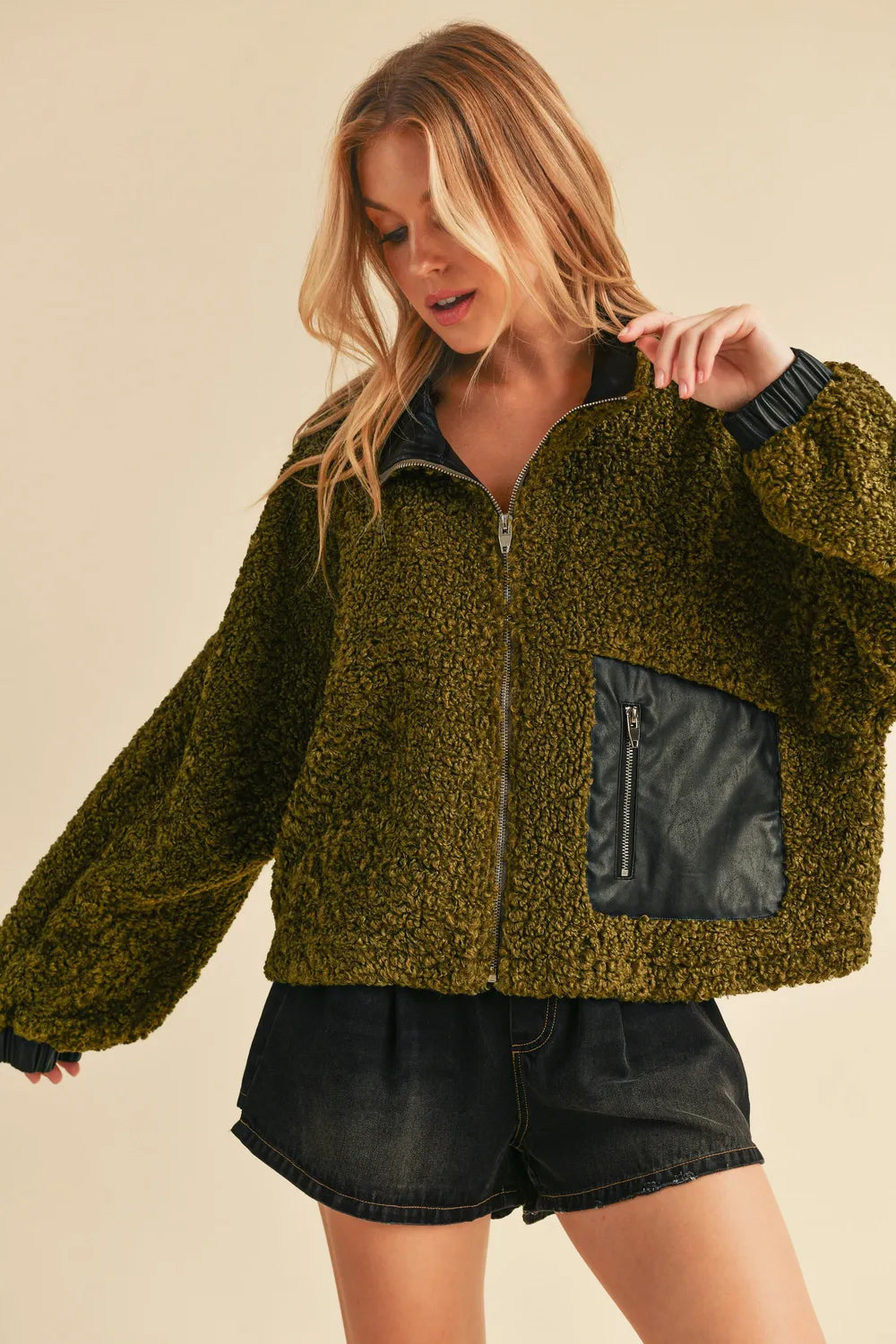 Aemi + Co Collared Neck Zip Up Sherpa Jacket in - photo