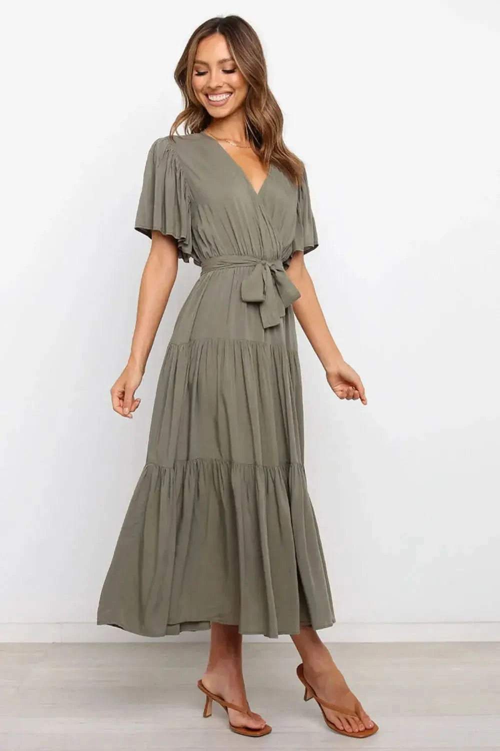Tied Tiered Short Sleeve Midi Dress in Army Green - photo