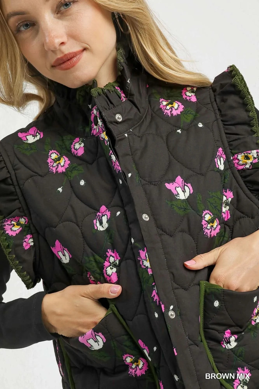Umgee Ruffled Quilted Floral Snap Down Vest in - photo
