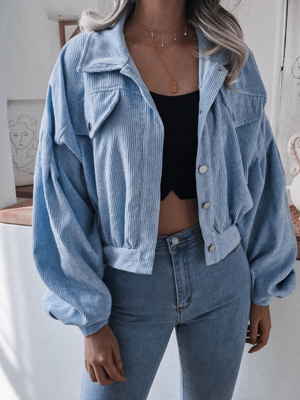 Lantern Sleeve Cropped Corduroy Jacket in - photo