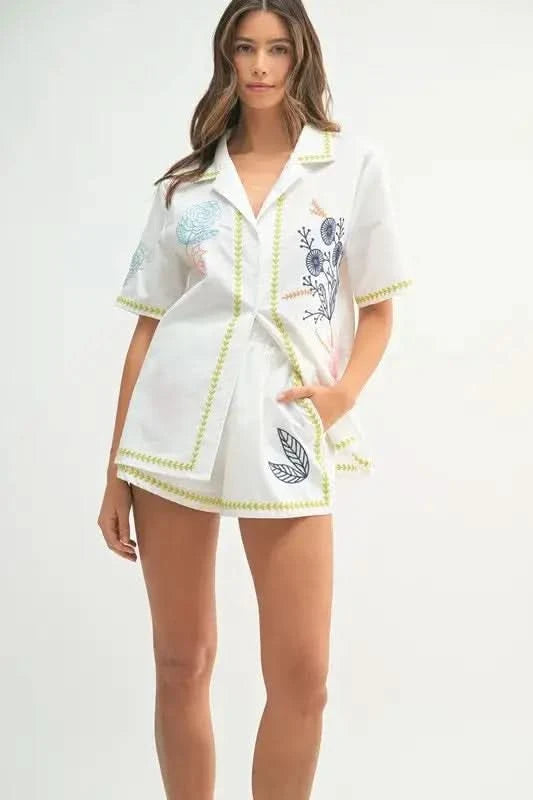MABLE Embroidered Button Down Shirt and Shorts Set in Lime - photo