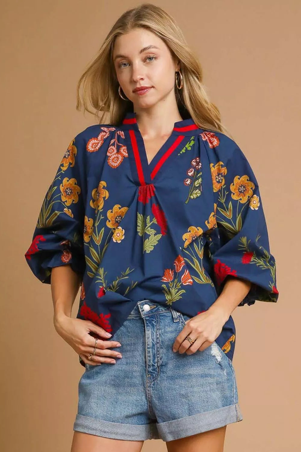 Umgee Floral Print Flounce Sleeve Blouse in MIDNIGHT MIX - photo