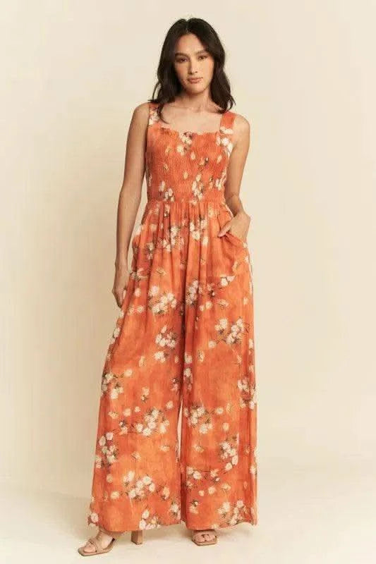 Davi & Dani Floral Ruffle Square Neck Smocking Bodice Jumpsuit - SwagglyLife Home & Fashion Davi & Dani Floral Ruffle Square Neck Smocking Bodice Jumpsuit - SwagglyLife Home & Fashion