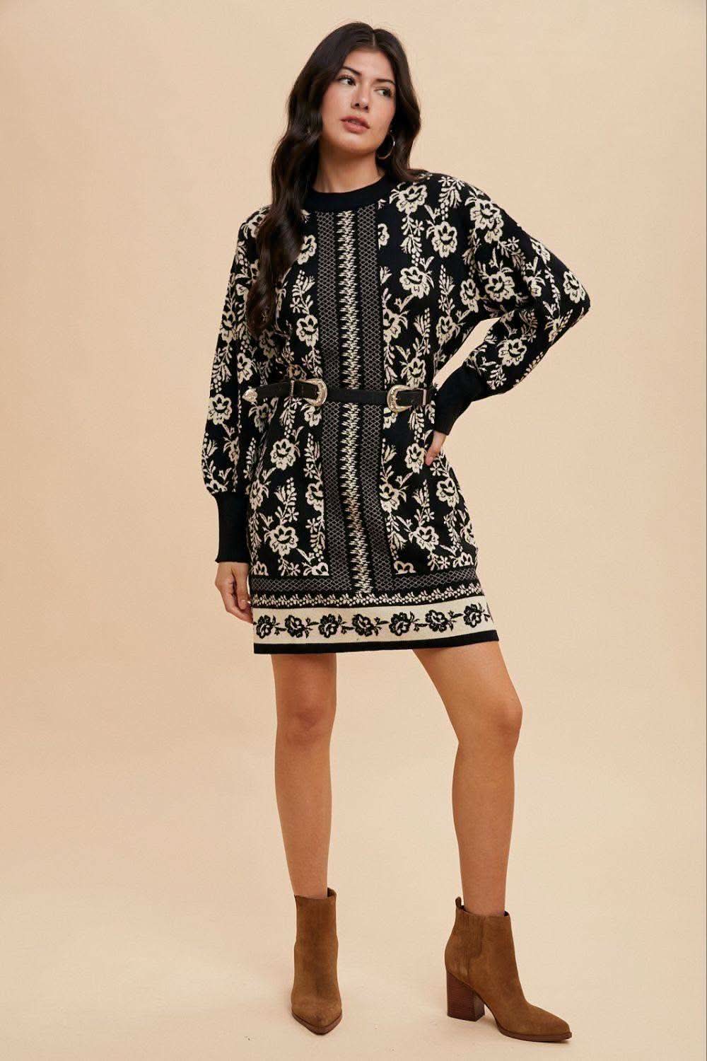 Annie Wear Floral Jacquard Round Neck Sweater Dress in - Dresses photo