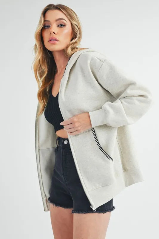 Aemi + Co Contrast Trim Zip Up Hoodie Jacket in - photo