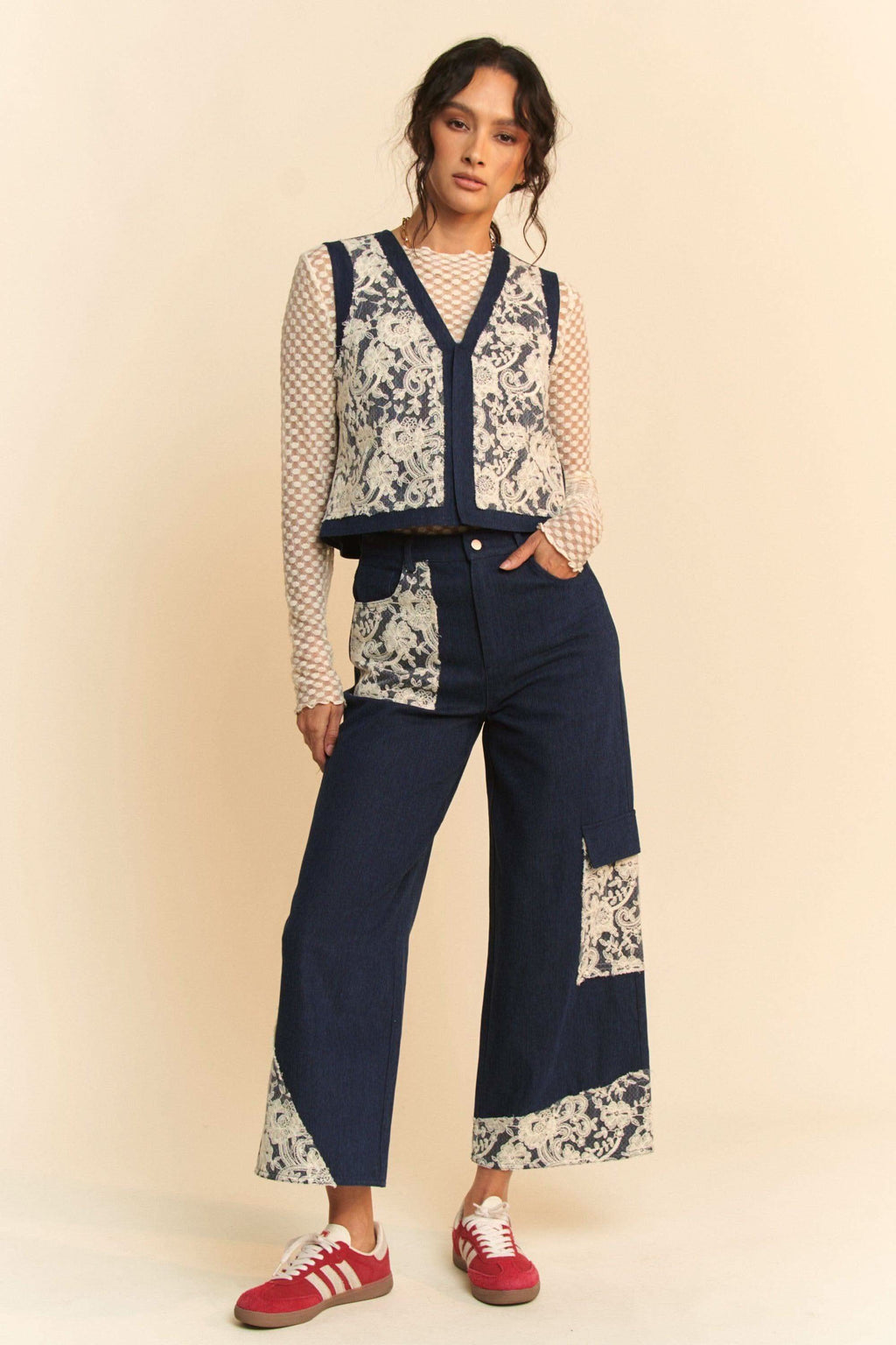 Davi & Dani Lace Patch Open Front Denim Vest in - photo