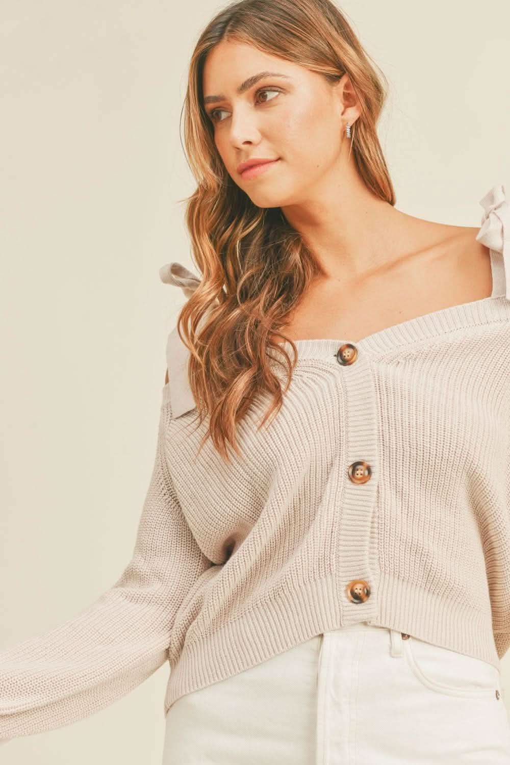 MABLE Off Shoulder Self Tie Strap Button Down Sweater - SwagglyLife Home & Fashion