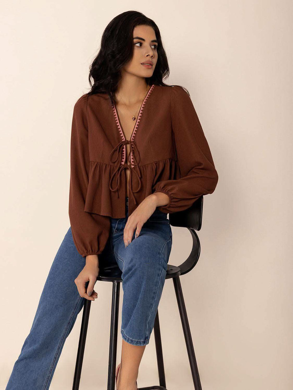 Peplum Tied V-Neck Long Sleeve Blouse - SwagglyLife Home & Fashion