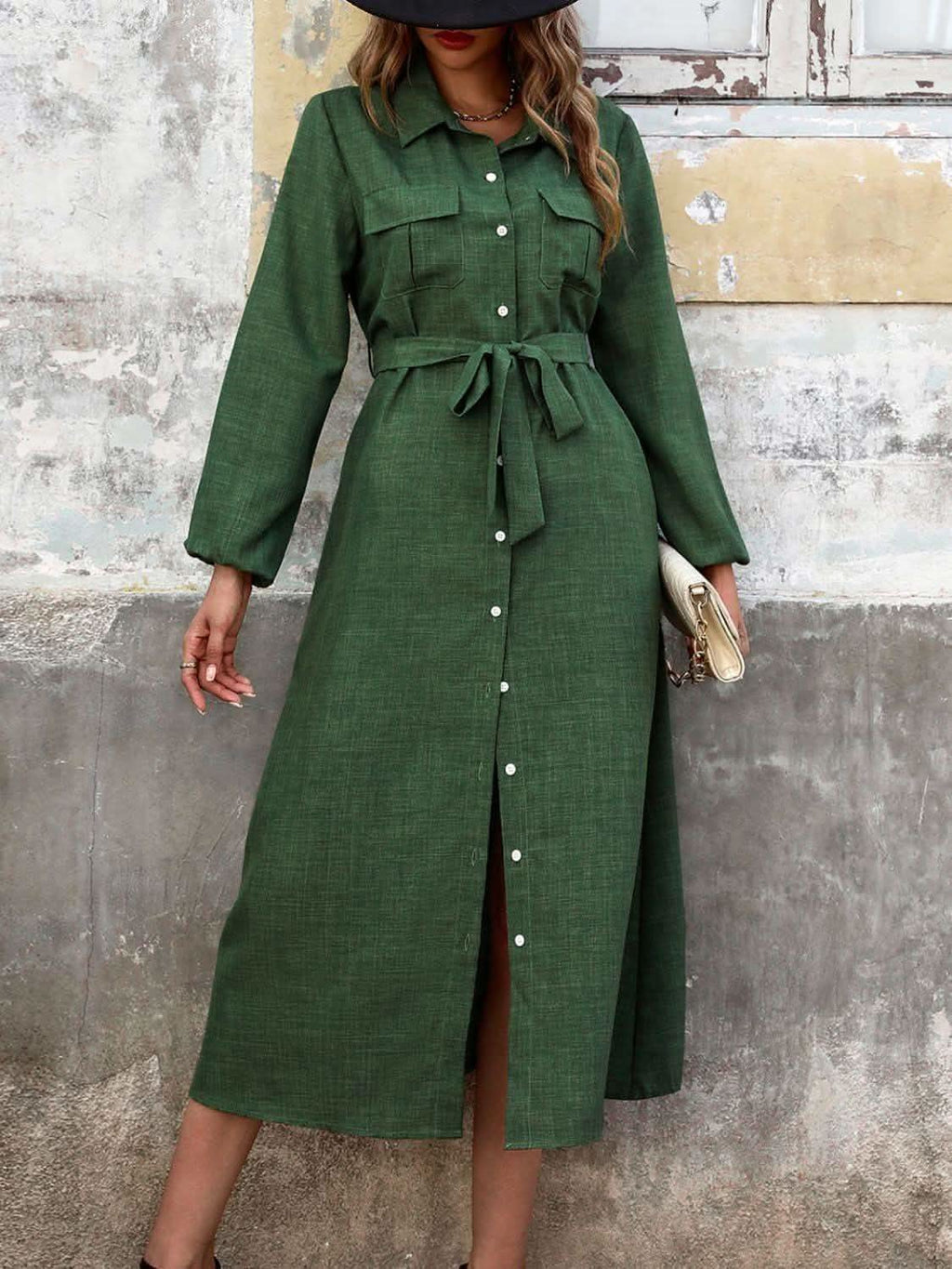 Perfee Collared Neck Long Sleeve Midi Shirt Dress in Black Forest - photo