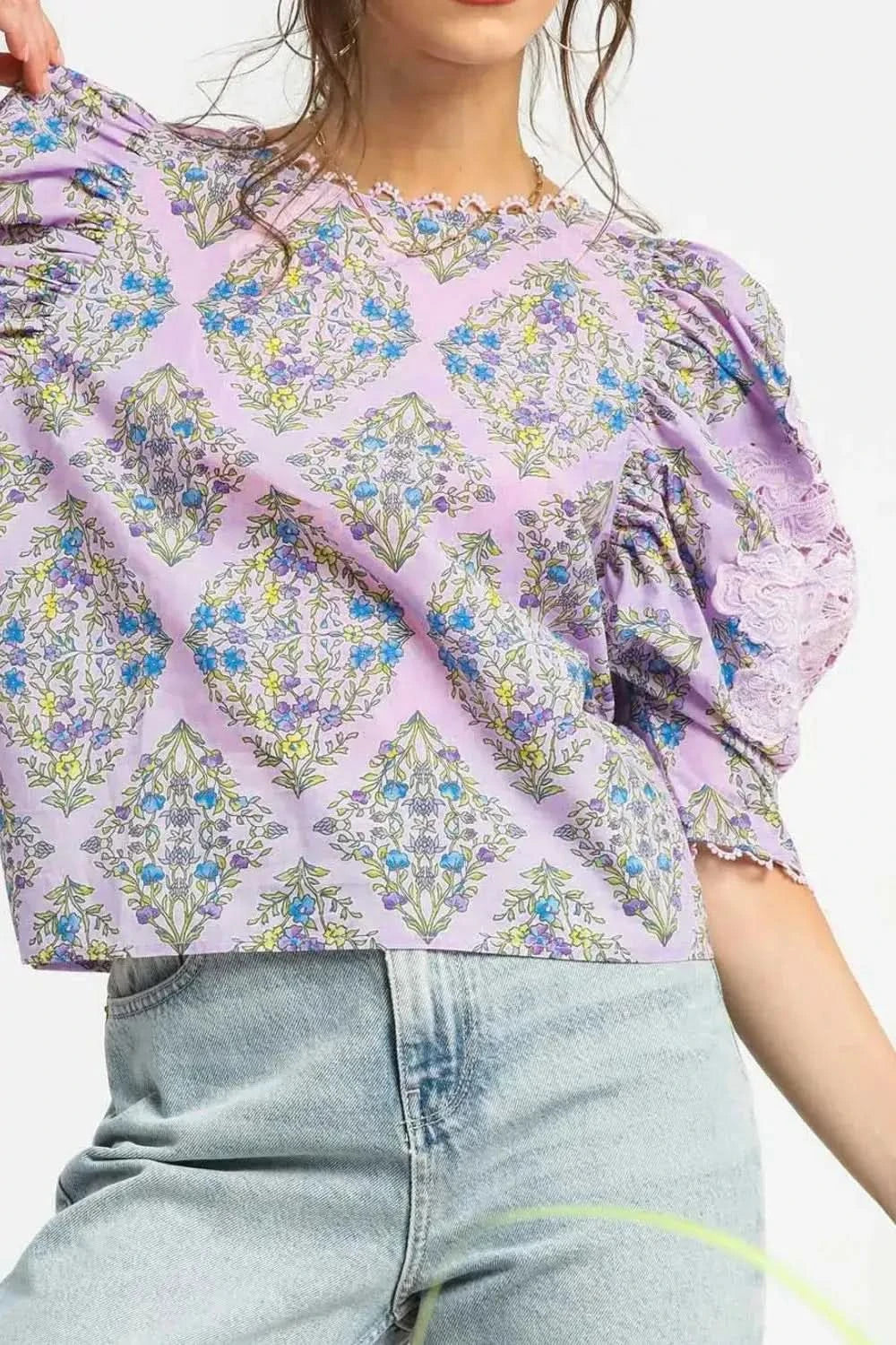 Umgee Printed Lace Puff Sleeve Blouse - SwagglyLife Home & Fashion