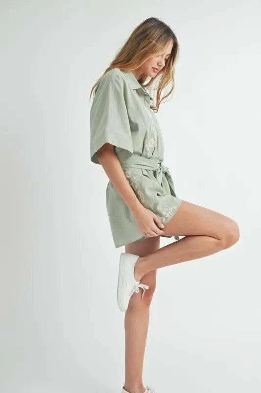 MABLE Embroidered Button Down Collared Neck Romper in - photo