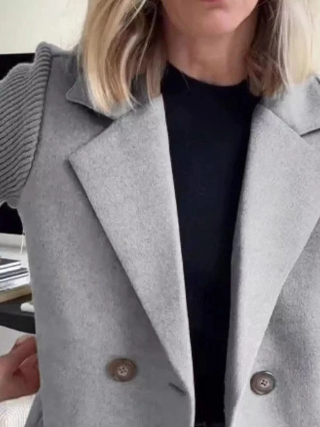 Knit Sleeve Double-Breasted Outerwear in - photo