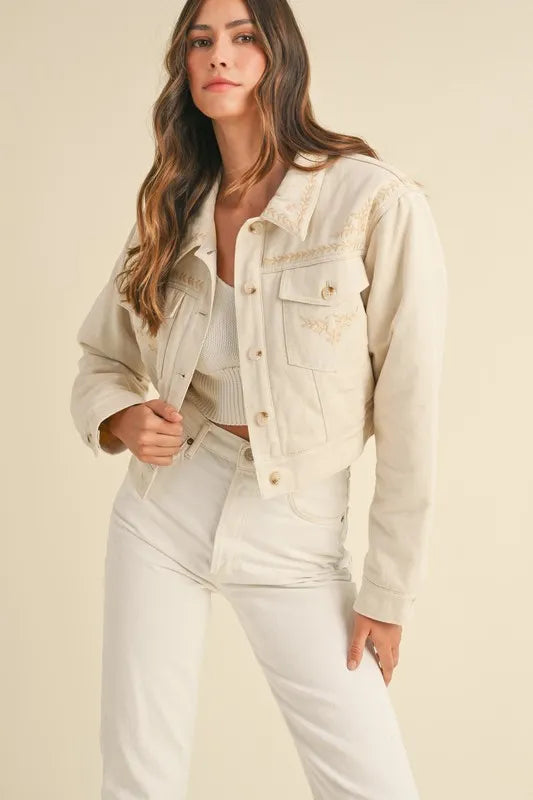 MABLE Embroidered Quilted Cropped Jacket in Taupe - photo