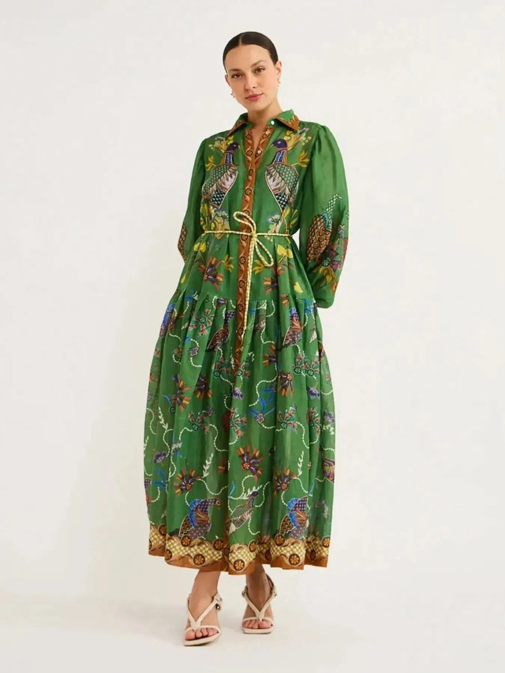 Printed Lantern Sleeve Maxi Shirt Dress in Green - photo