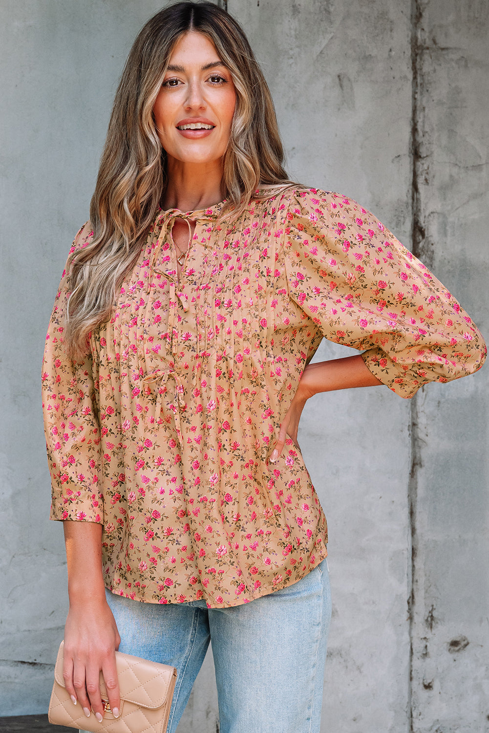 Sadie Floral Bow Pin-tuck Bust Half Puff Sleeve Blouse in Light French Beige - Tops/Blouses & Shirts photo