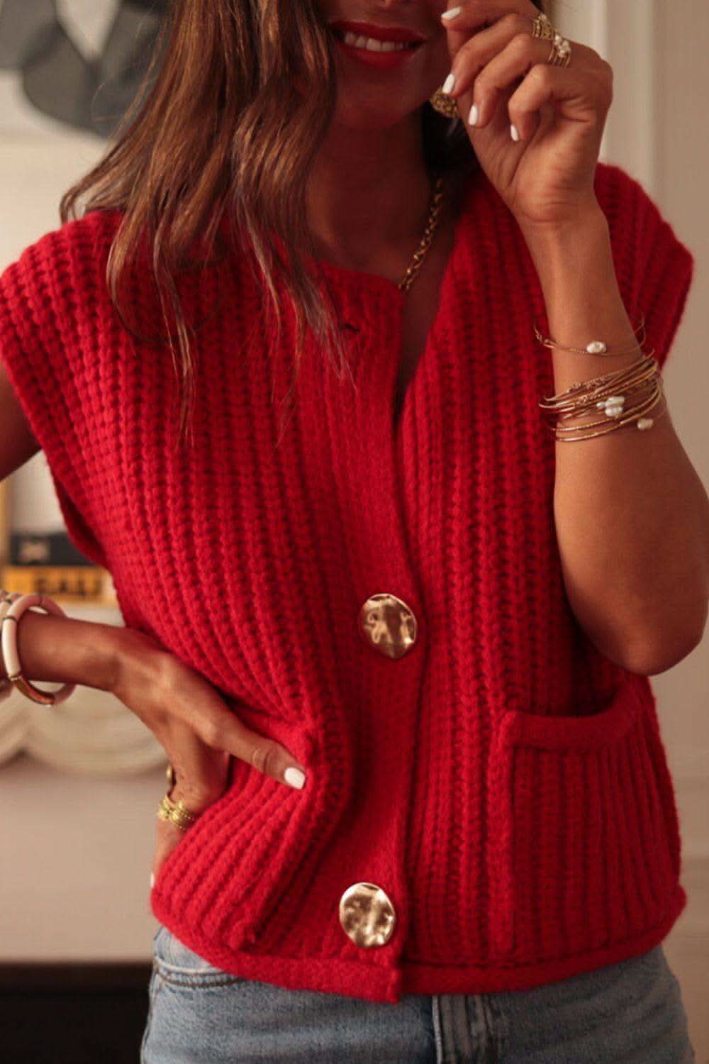Button Down Sweater Vest with Pockets in Deep Red - photo