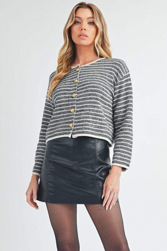 Aemi + Co Striped Button Down Round Neck Cardigan - SwagglyLife Home & Fashion