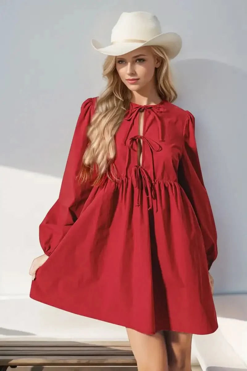 Double Take Christmas Front Tied Long Sleeve Mini Dress in Red - photo