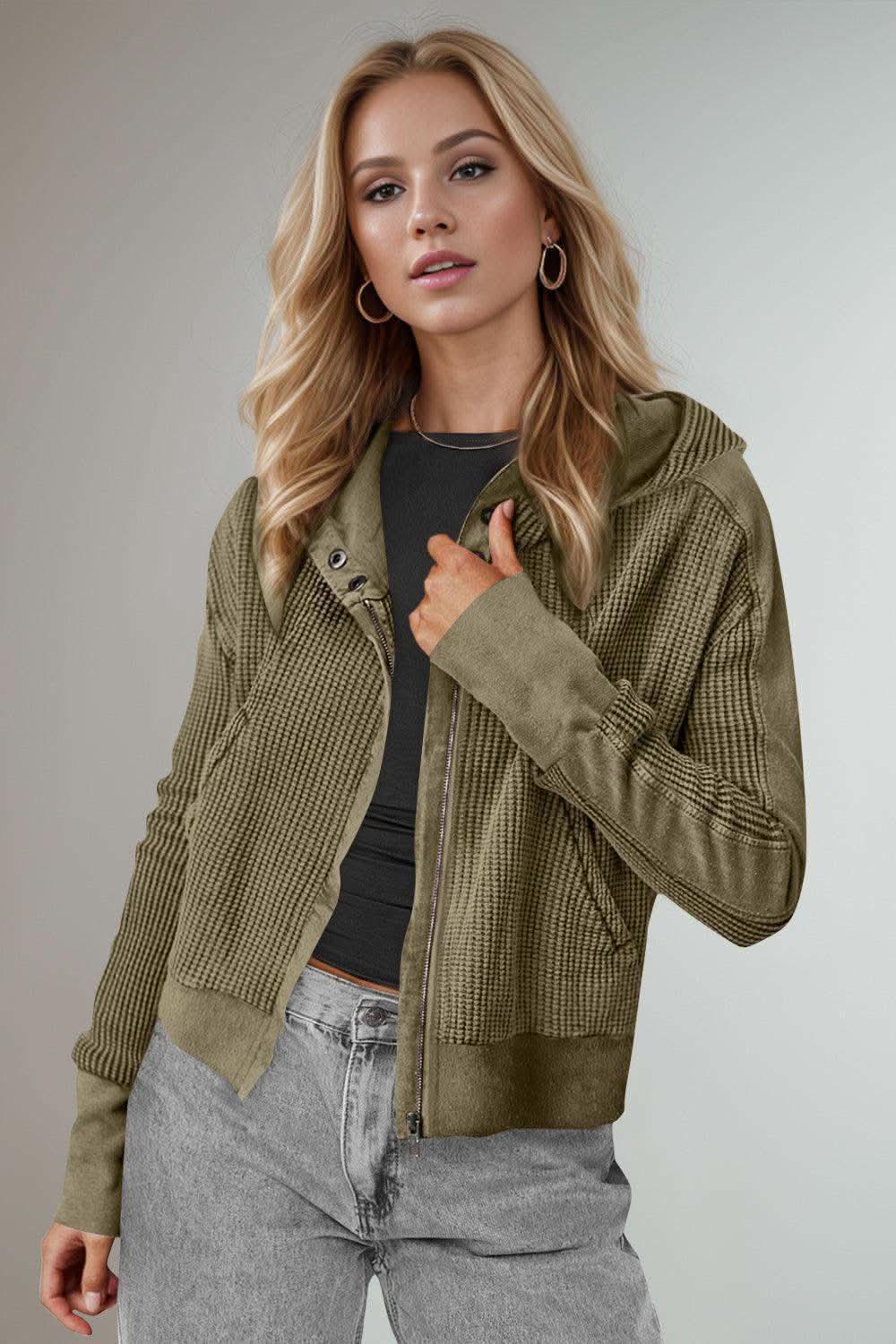 Double Take Waffle-Knit Zip Up Long Sleeve Hooded Jacket in Olive - photo