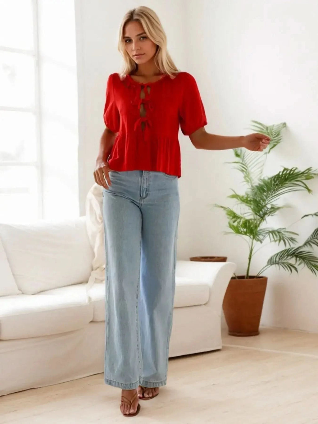 Tie-Front Short Sleeve Blouse in - photo