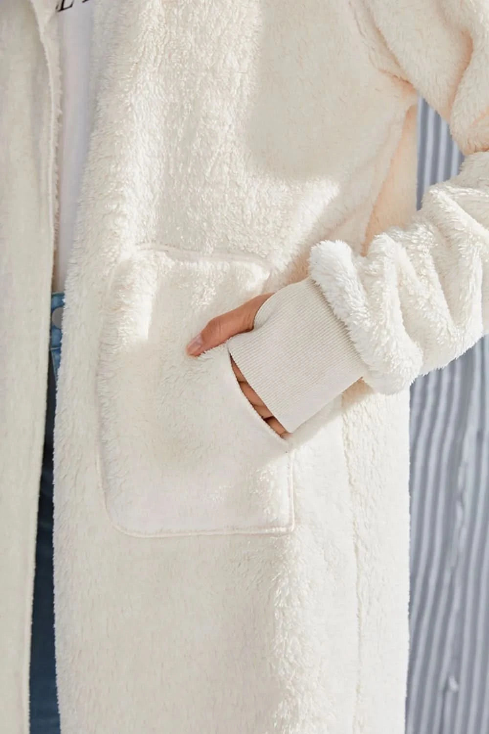Double Take Full Size Hooded Teddy Bear Jacket with Thumbholes in - photo