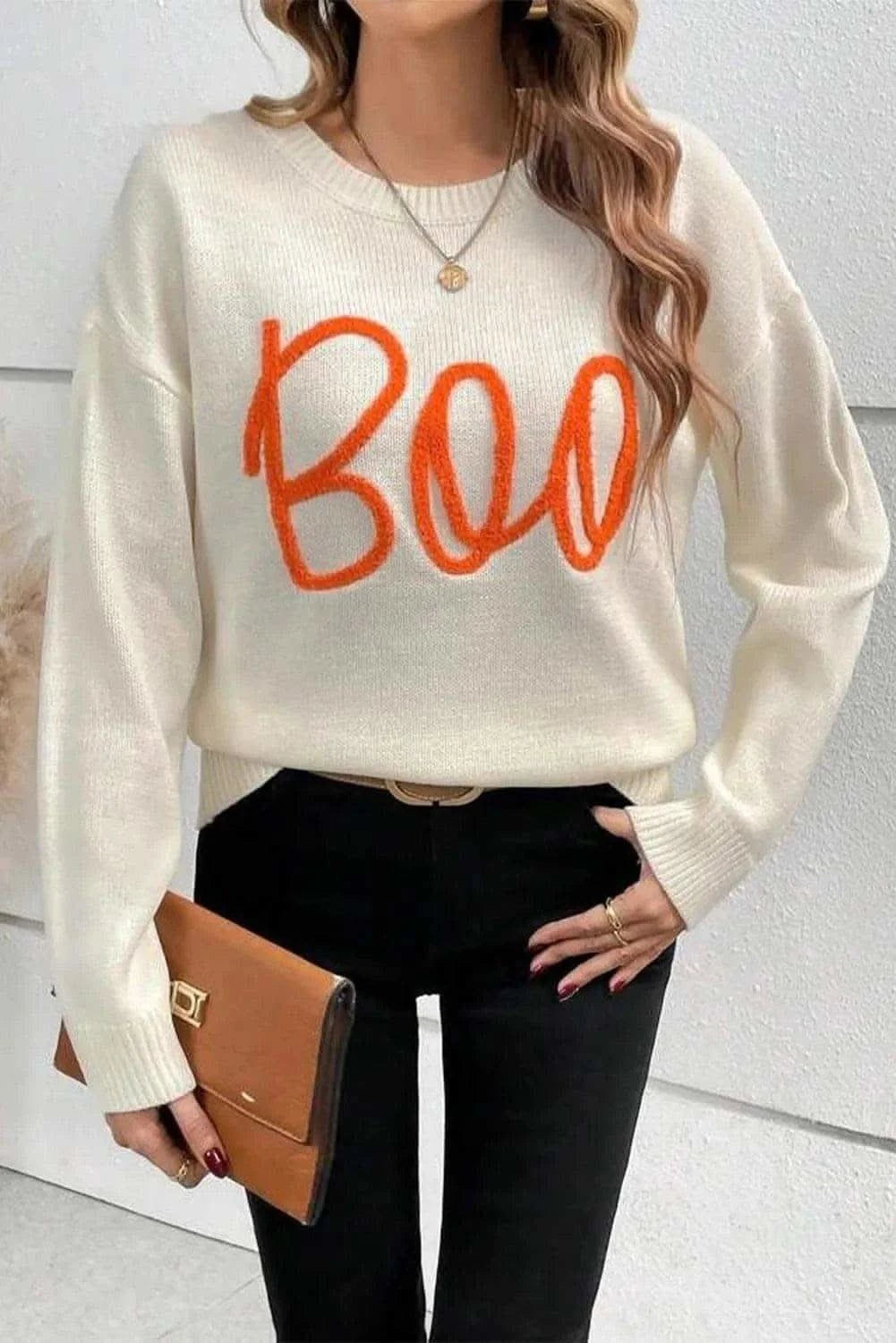 BOO Round Neck Long Sleeve Sweater - SwagglyLife Home & Fashion