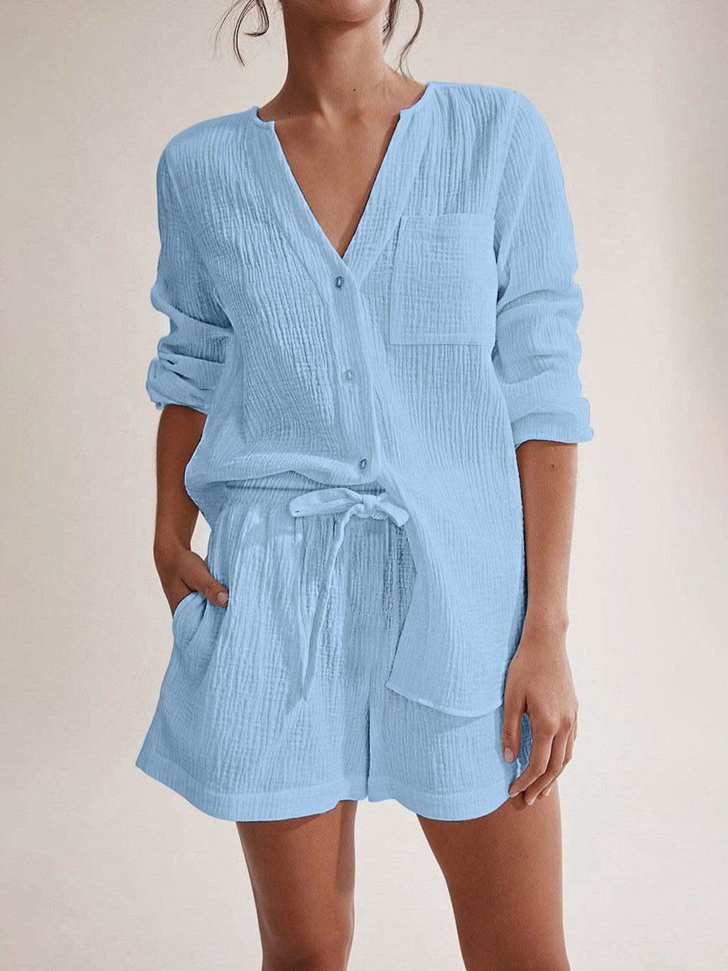 Notched Long Sleeve Top and Shorts Set - SwagglyLife Home & Fashion