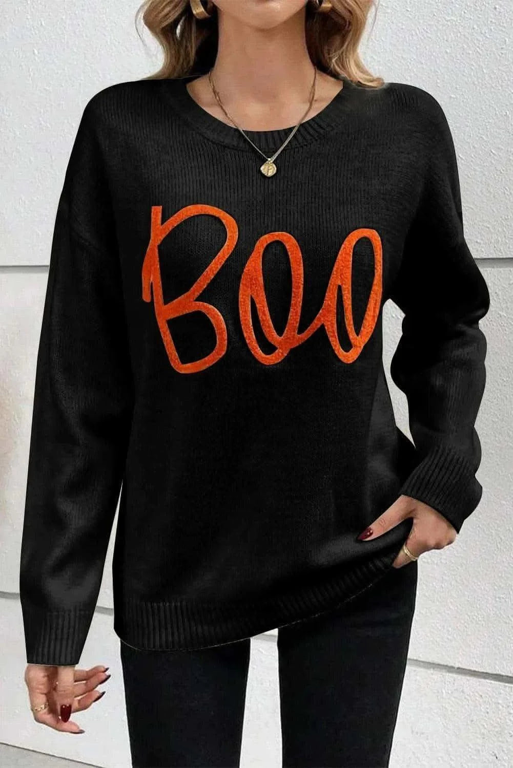 BOO Round Neck Long Sleeve Sweater - SwagglyLife Home & Fashion