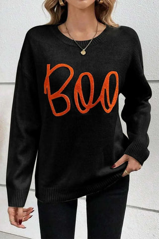 BOO Round Neck Long Sleeve Sweater - SwagglyLife Home & Fashion BOO Round Neck Long Sleeve Sweater - SwagglyLife Home & Fashion