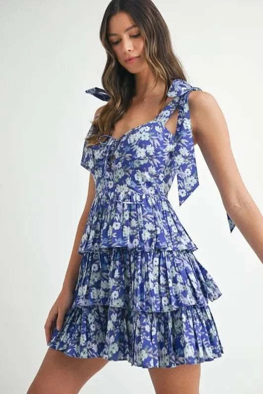 MABLE Floral Print Shoulder Tie Layered Mini Dress in - photo