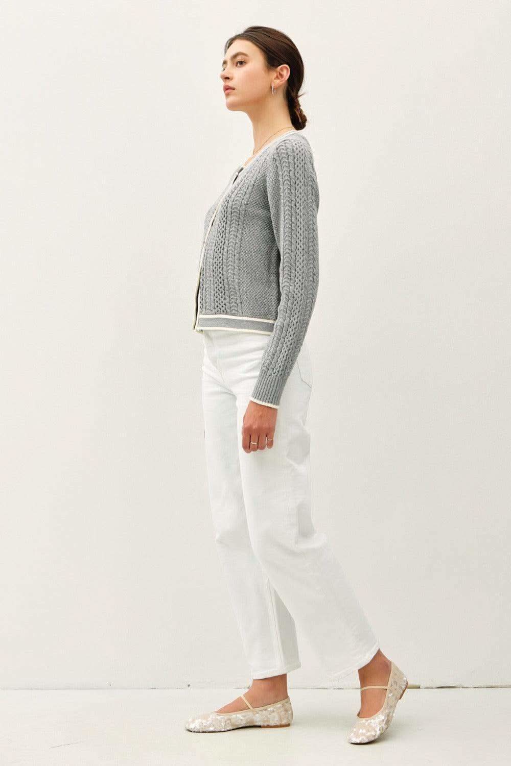 Be Cool Cable Knit Long Sleeve Contrast Edge Cardigan in - cardigans photo