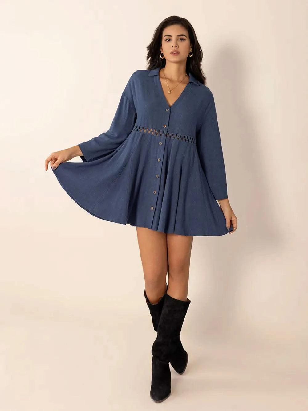 Cutout Johnny Collar Long Sleeve Mini Dress in - photo