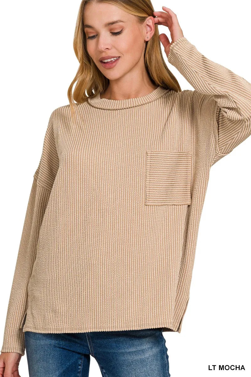 Zenana Long Sleeve Drop Shoulder Rib Top - SwagglyLife Home & Fashion