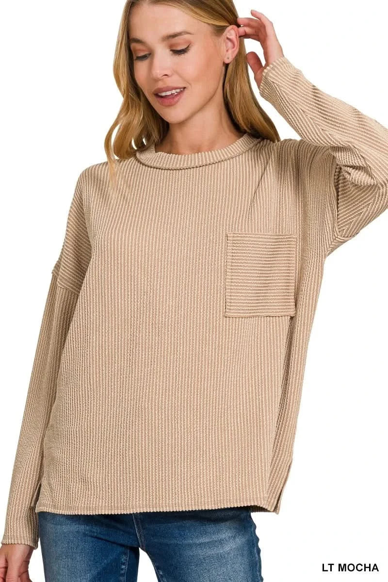 Zenana Long Sleeve Drop Shoulder Rib Top in - photo