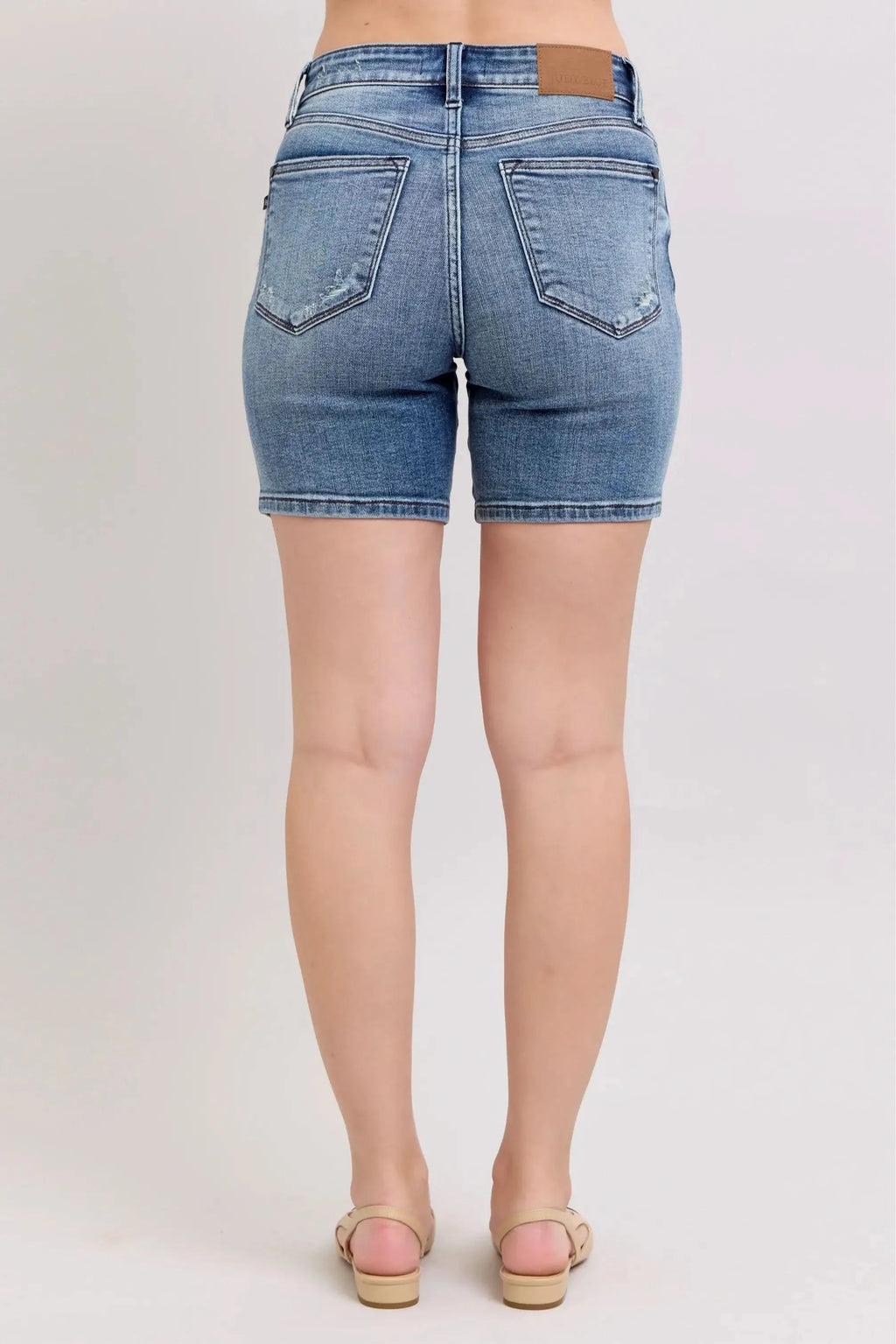 Judy Blue Button Fly Mid Length Denim Shorts W/ Destroy in - photo