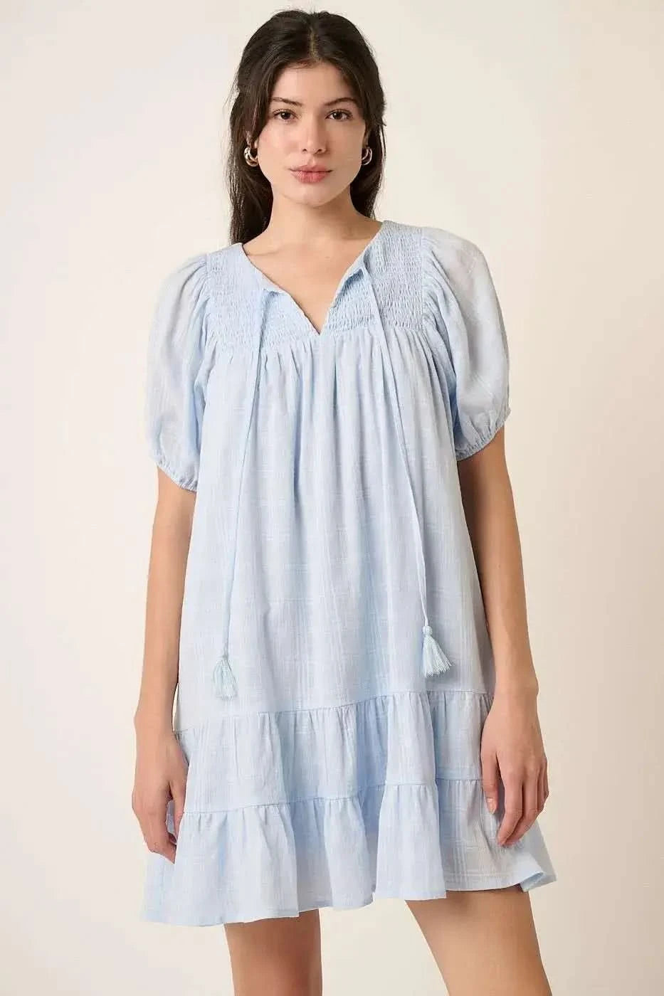 Mittoshop Tassel Tie Plaid Gauze Short Sleeve Mini Dress in BLUE - photo