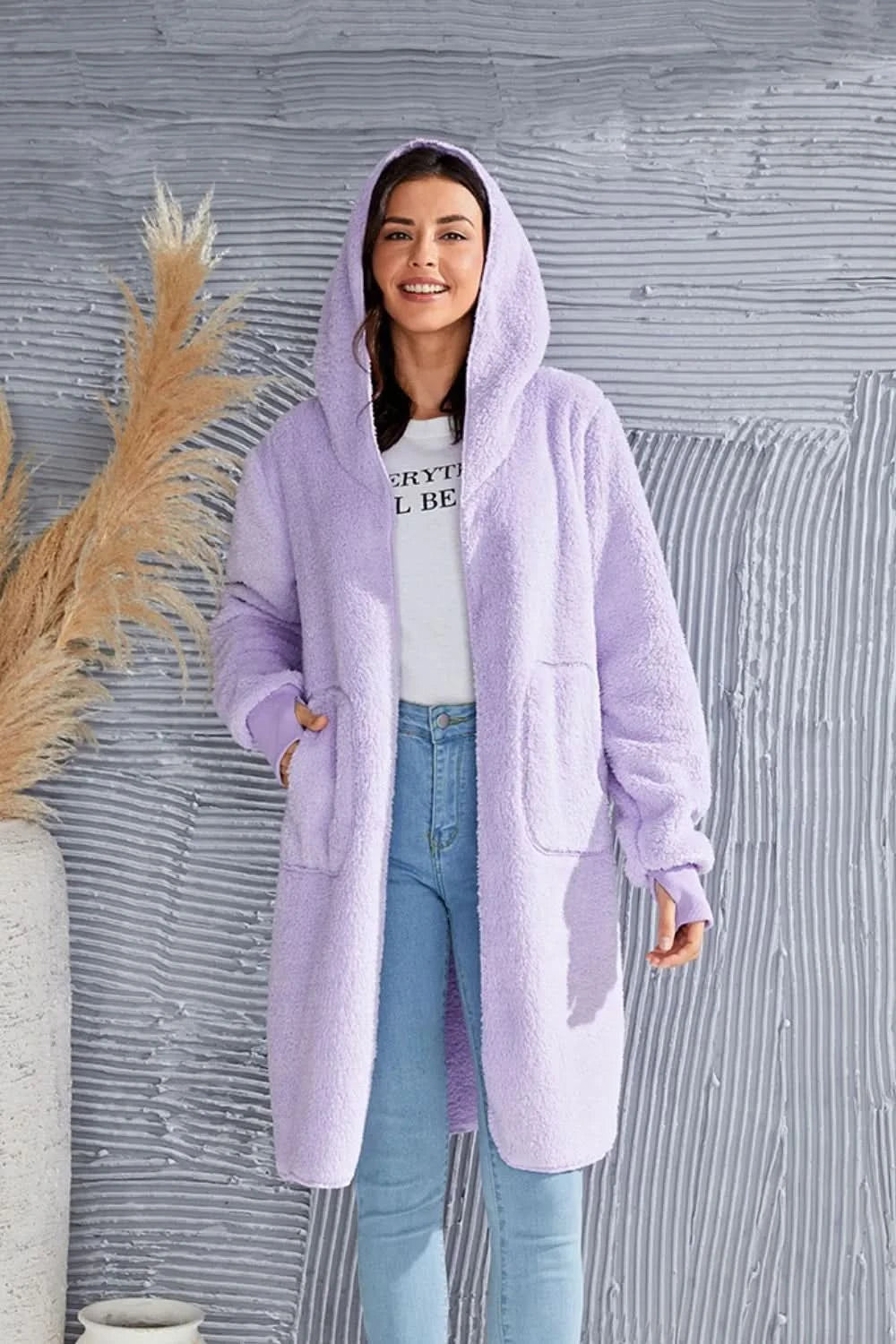 Double Take Full Size Hooded Teddy Bear Jacket with Thumbholes in - photo