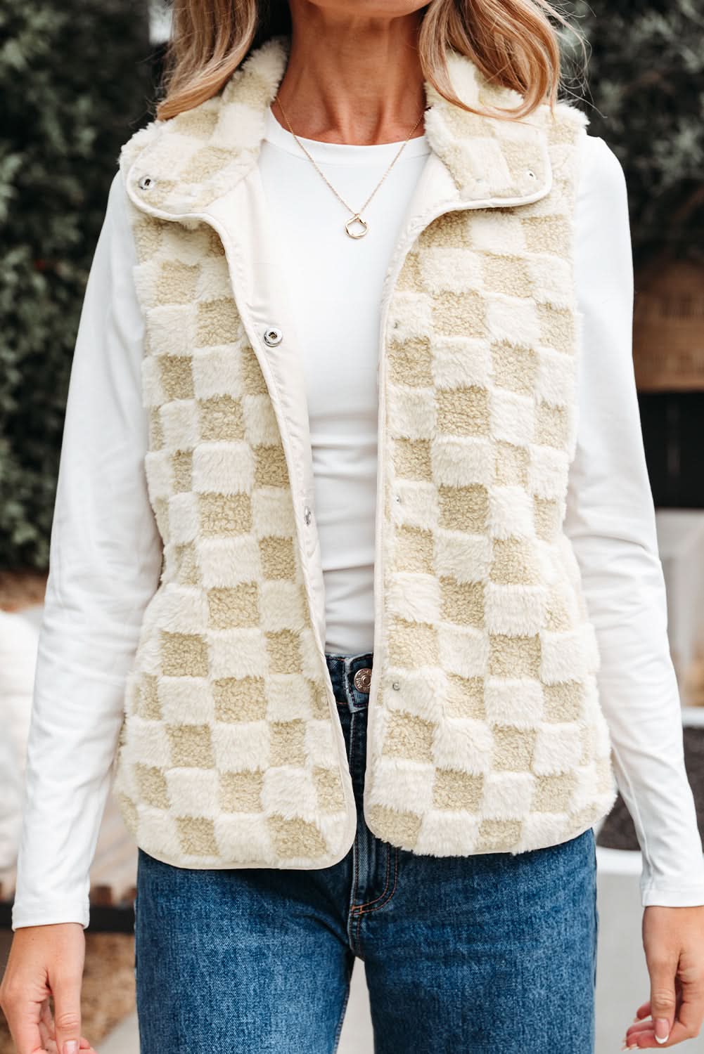 Stevie Sherpa Checkerboard Button Vest With Pocket in - Outerwear/Vests photo