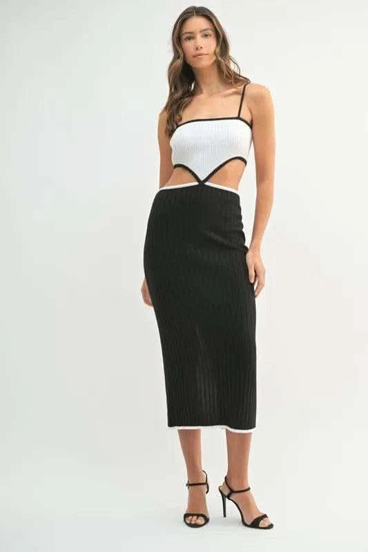 MABLE Ribbed Knit Color Block Cutout Midi Dress in - photo