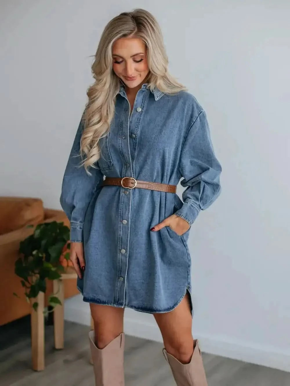 Button Up Collared Neck Long Sleeve Denim Dress - SwagglyLife Home & Fashion