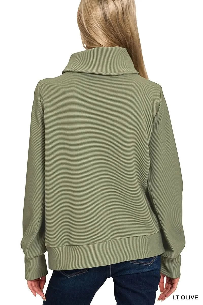 Zenana Ribbed High Neck Half Zip Pullover & Pants Set in - photo